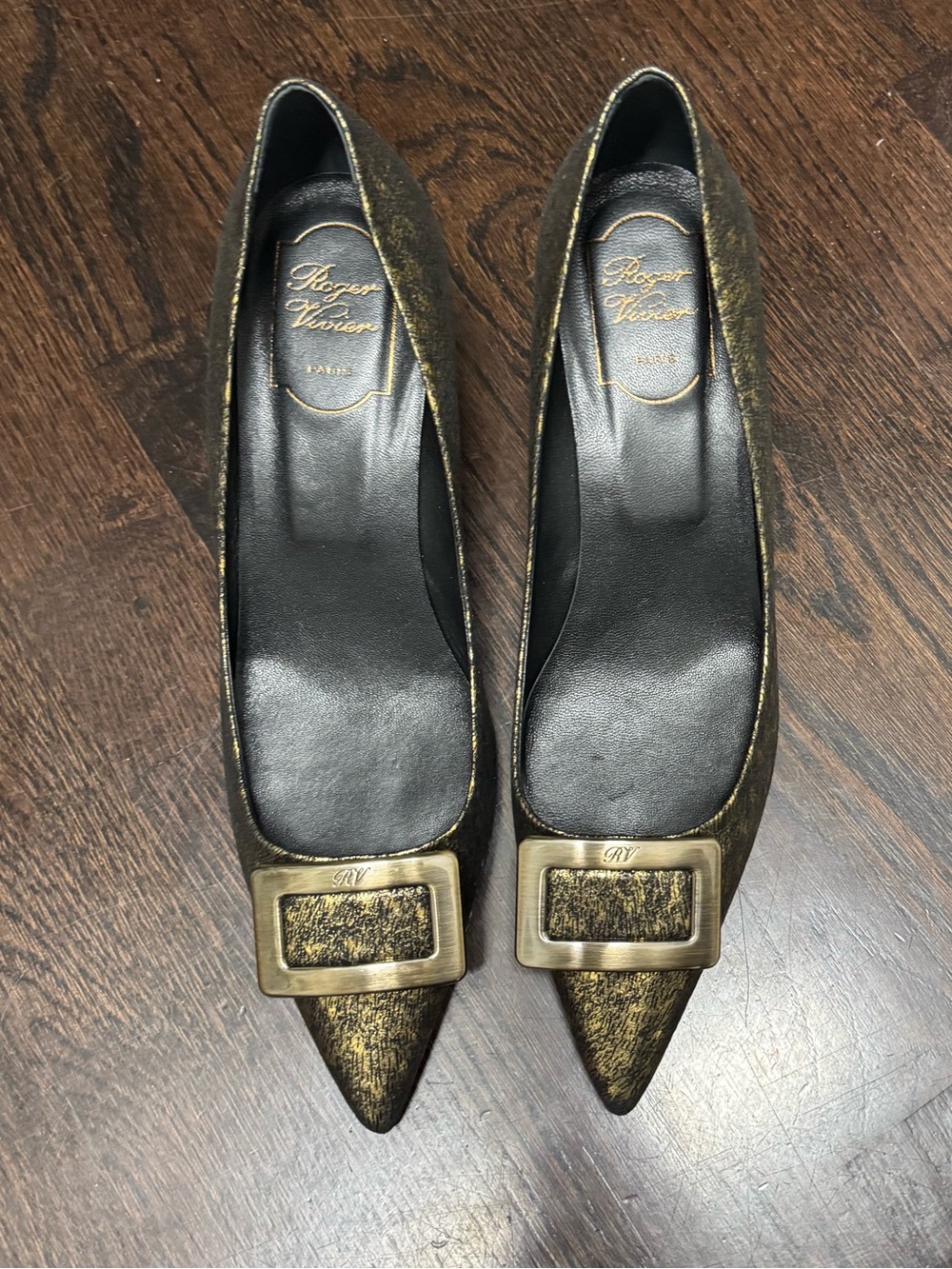 Roger Vivier Black with Gold Buckle Pointed Toe Pumps